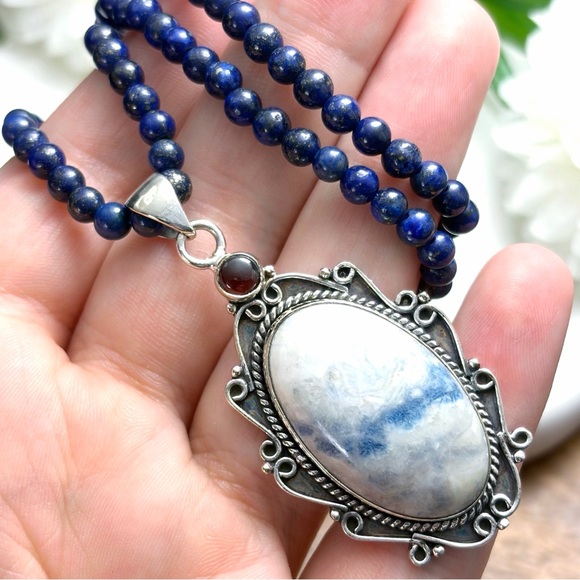 Garnet & Blue Scheelite Pendant Necklace Jewelry Set Lot Sapphire Earrings 925 - Picture 2 of 8